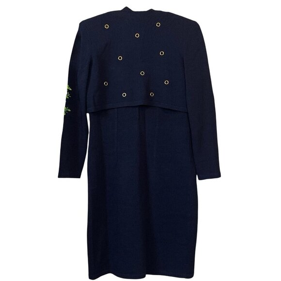 Vtg Fianona Knit 2 Pc Set Jacket Dress Grommet Studded Navy Blue Gold Size M - Picture 2 of 11
